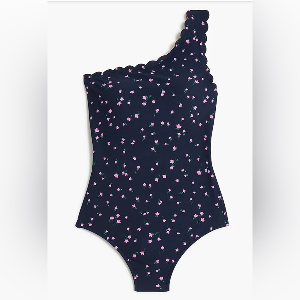 J. Crew Navy One-Shoulder Scallop Floral One-Piece
